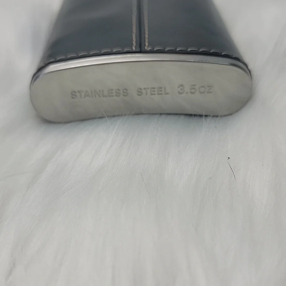 Black Faux Leather Contrast White Stitching Stainless Steel 3.5 oz. Pocket Flask